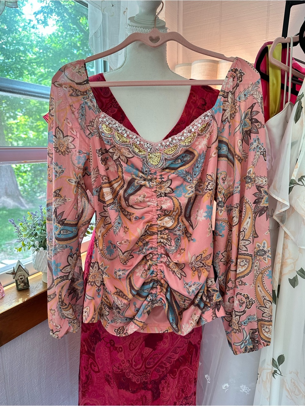 Boston Proper Pink Paisley Ruched V-Neck Blouse with Beaded Trim